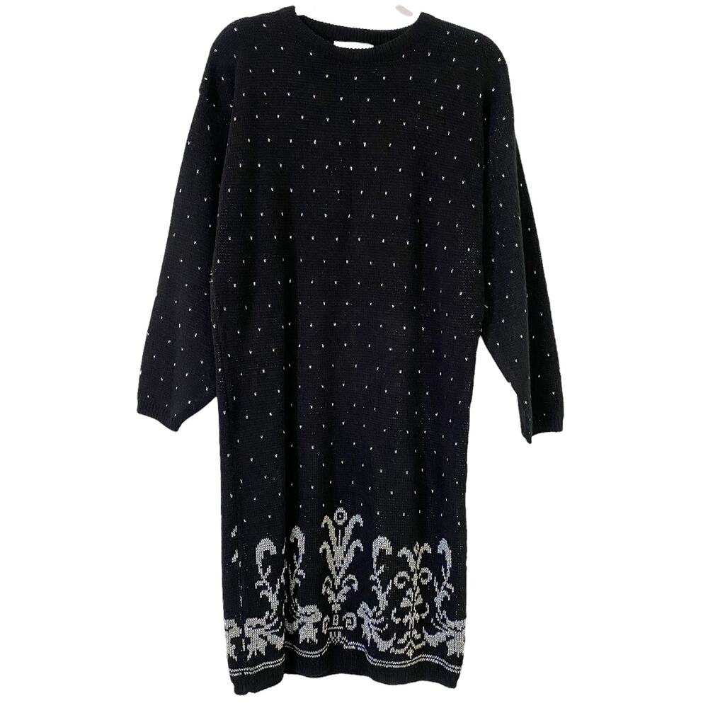Vintage Hana Sung Womens Size M Black Knit Silver Brocade Sweater Dress